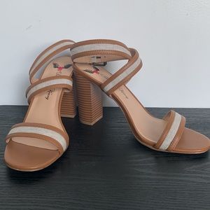 Strappy Heels Linen Leather Open Toe Sandal Block Natural Chunky High Heel 4.25”